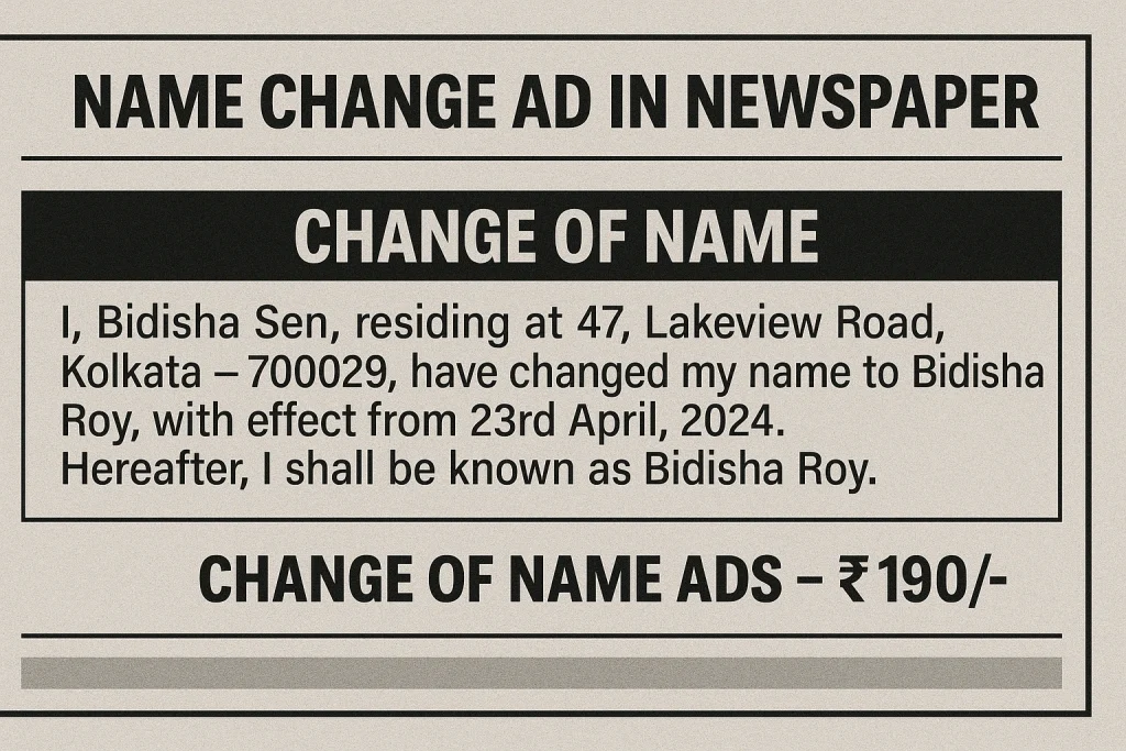Name Change Ad in Newspaper: Change of Name Ads – ₹190/-