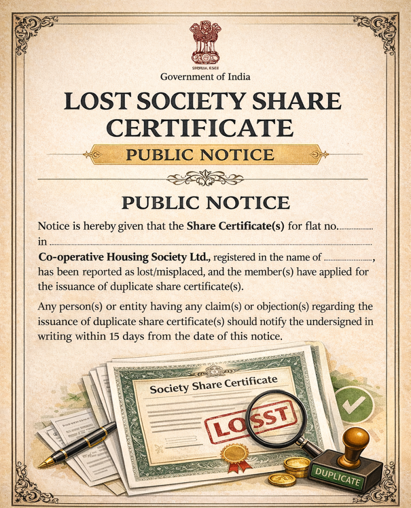 Public Notice for Lost Society Share Certificate