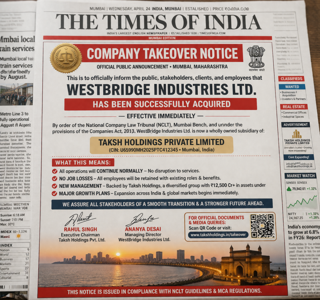 Company Takeover Notice in Times of India Mumbai