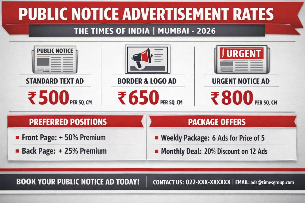 Public Notice Advertisement Rates Times of India Mumbai 2026