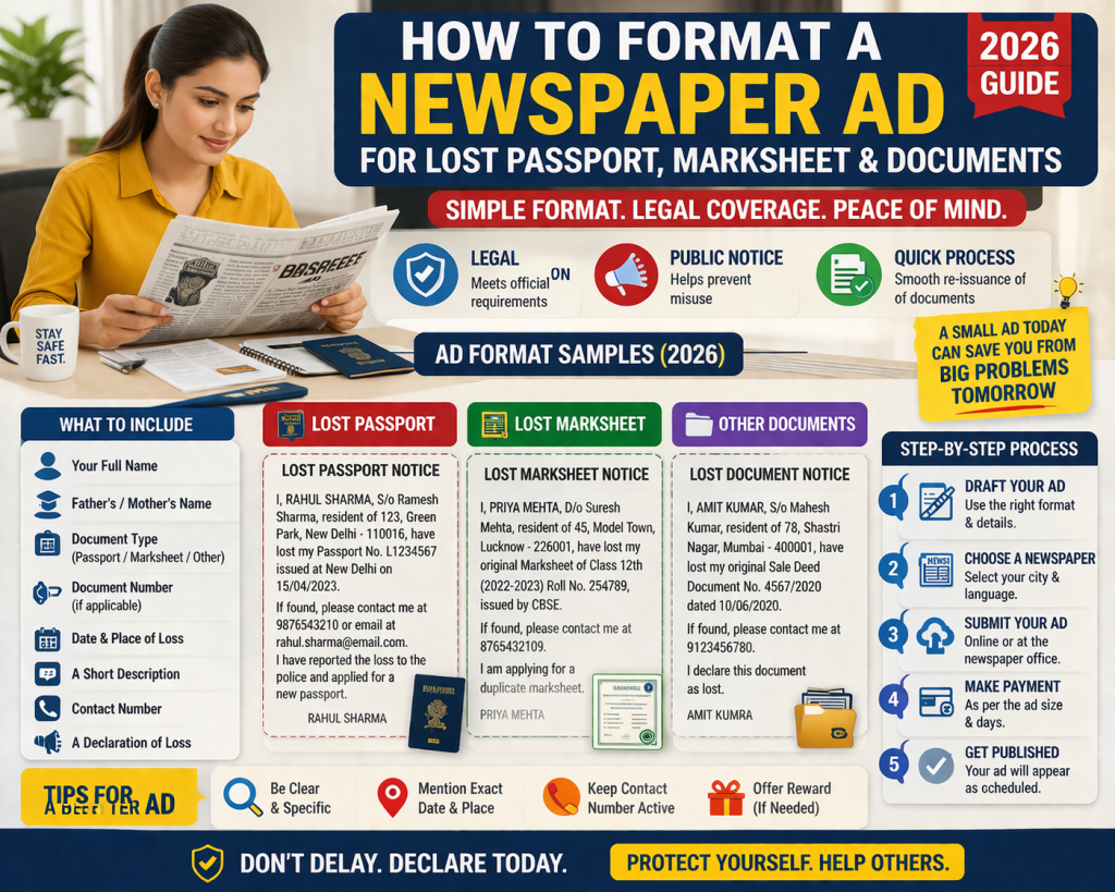 Newspaper Ad Format For Lost Passport Marksheet Documents