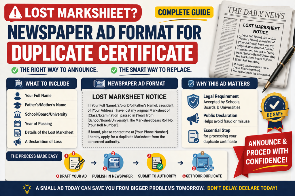 Lost Marksheet Newspaper Ad Format Duplicate Certificate